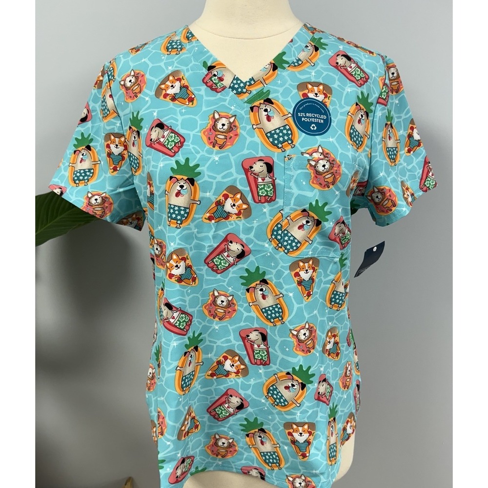 NWT Cherokee Scrub Top M Puppy Pool Party Aqua Turquoise Dog Dogs Scrubs Vet RN
